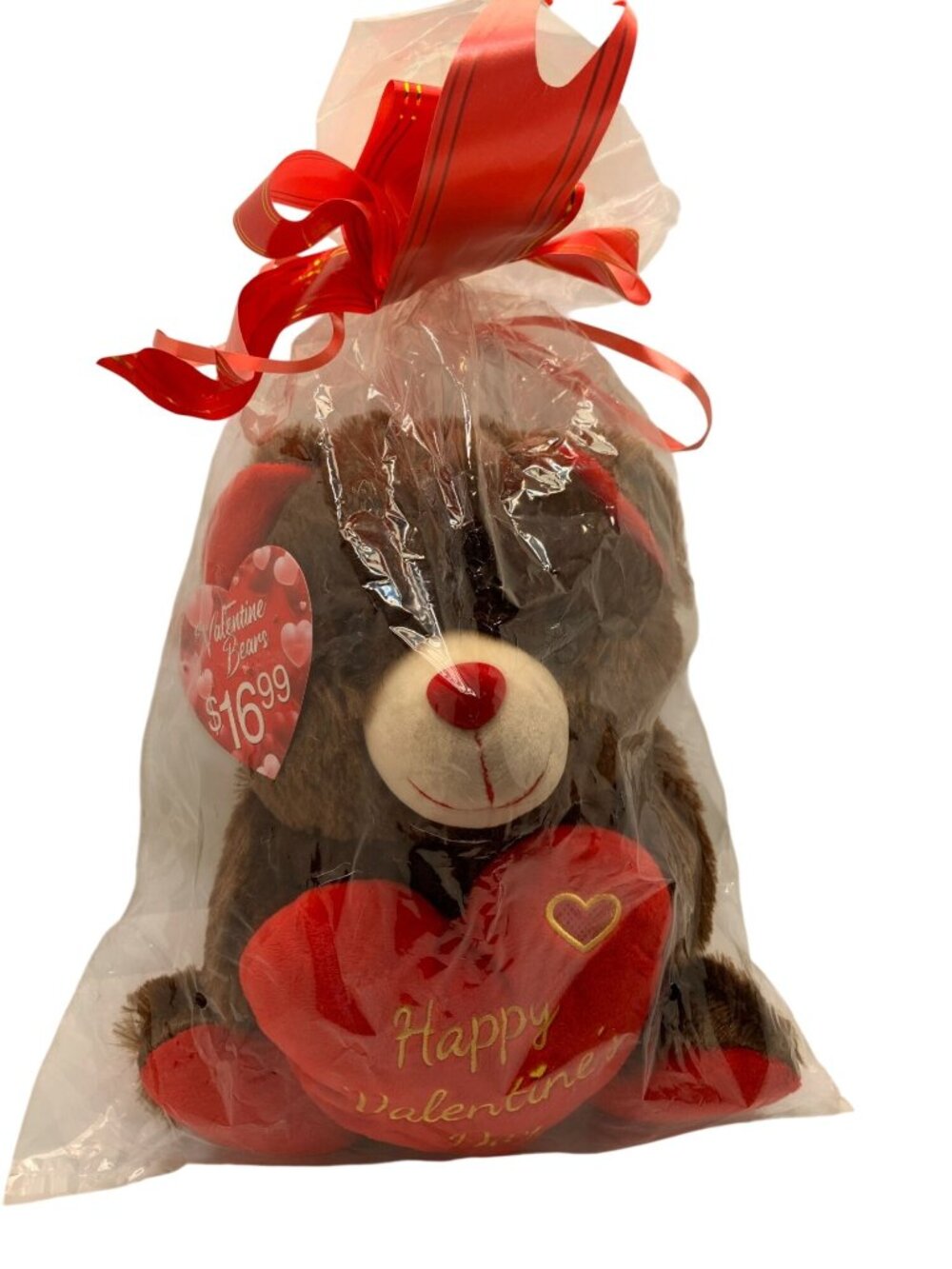 Valentines Day Brown Teddy Bear With Red Heart Plush Gift Wrapped In Decorative